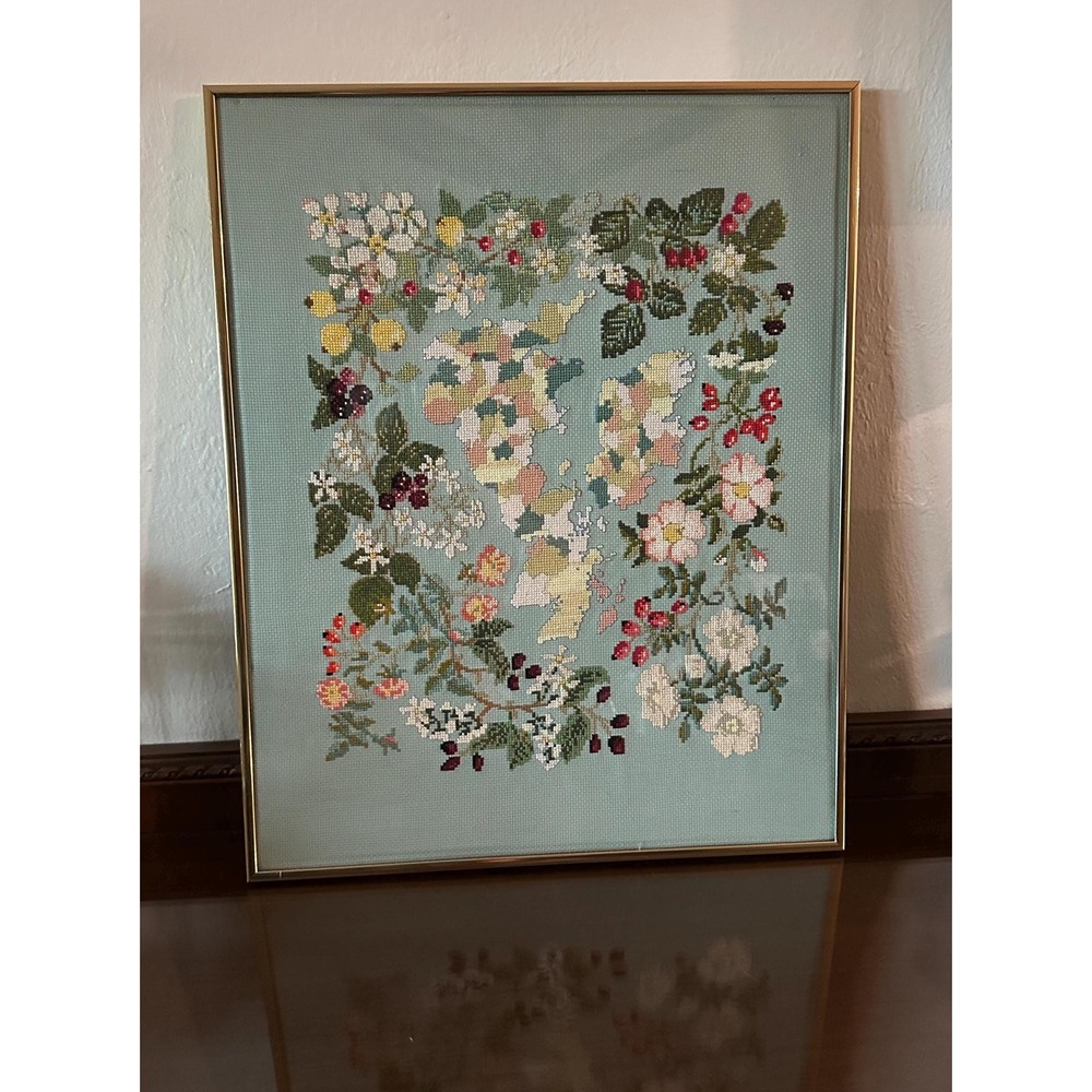 16 x 20 Framed Great Britain British Isles UK Flowers Cross Stitch Sampler